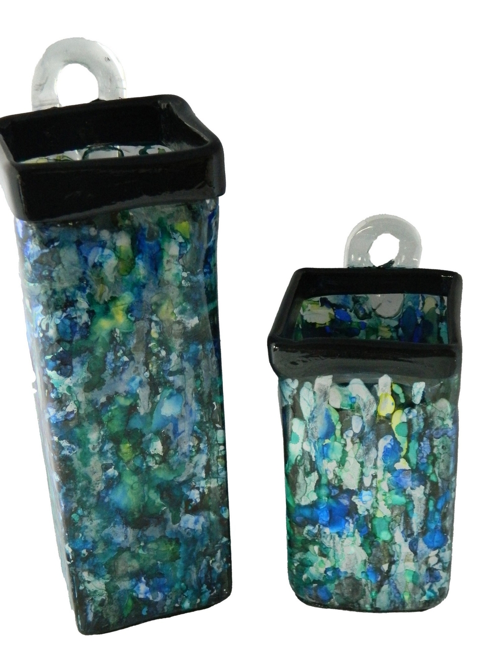Hand Blown Blue, Green & Black Hand Painted Glass Set Of Vases - Home Art Decor